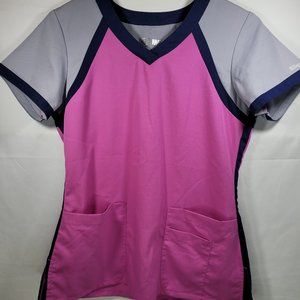 Grey's Anatomy Women's Small Pink, Gray, and Navy Scrub Top with 2 front pockets